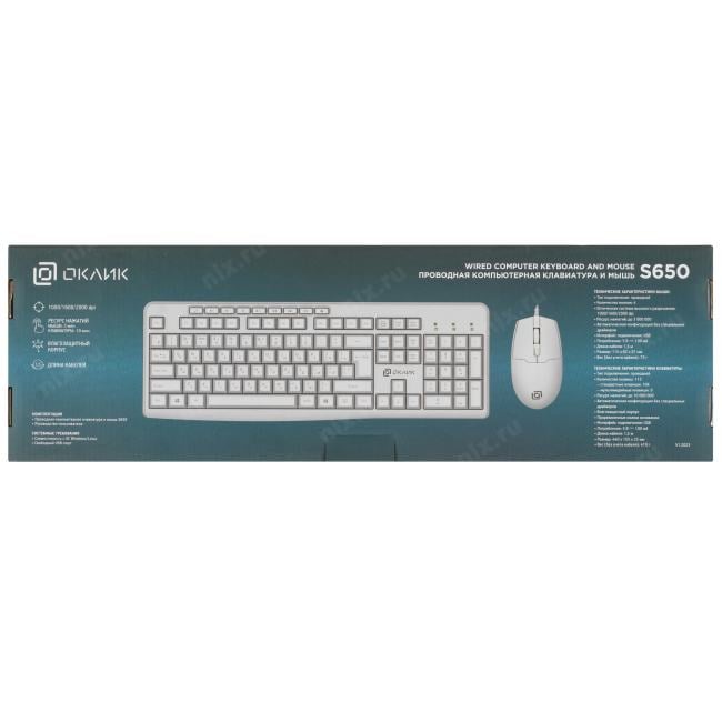 OKLICK Keyboard & Optical Mouse <S650> White (Кл-ра, М/Мед, USB+Мышь 4кн,  Roll, USB) <1875257>
