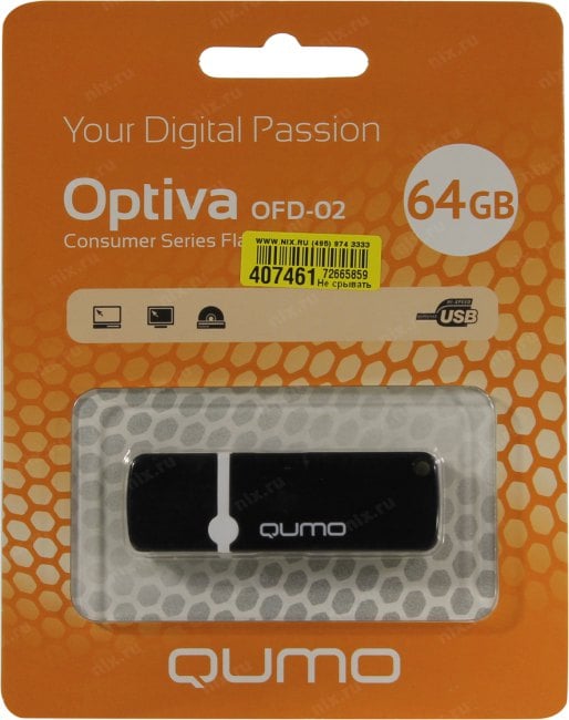 Qumo Optiva <QM64GUD-OP2-Black> USB2.0 Flash  Drive 64Gb (RTL)