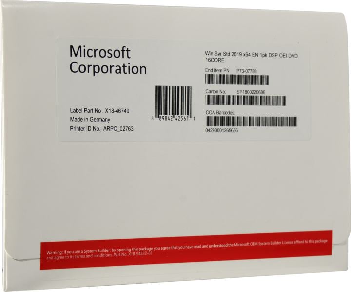 Microsoft Windows Server 2019 64-bit Standard  Eng.  16core  (OEM) <P73-07788>