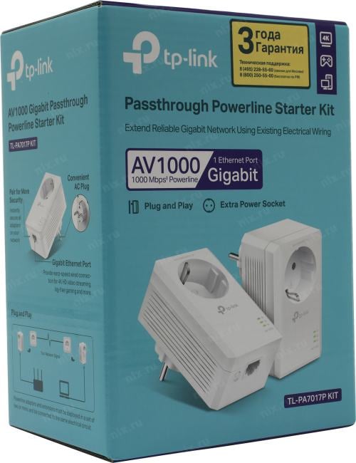 TP-LINK <TL-PA7017P KIT> Powerline AV1000 Gigabit Starter Kit (2 адаптера,1UTP  1000Mbps, Powerline 1000Mbps)