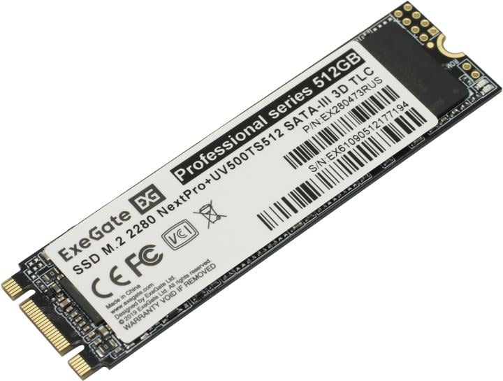 Диск SSD Exegate - Next Pro+, для ноутбука, M.2 2280, 512 ГБ, SATA, 6 Гб/с, speed write-500МБ/с read-560МБ/с, TLC, SM2258XT+B16A, EX280473RUS