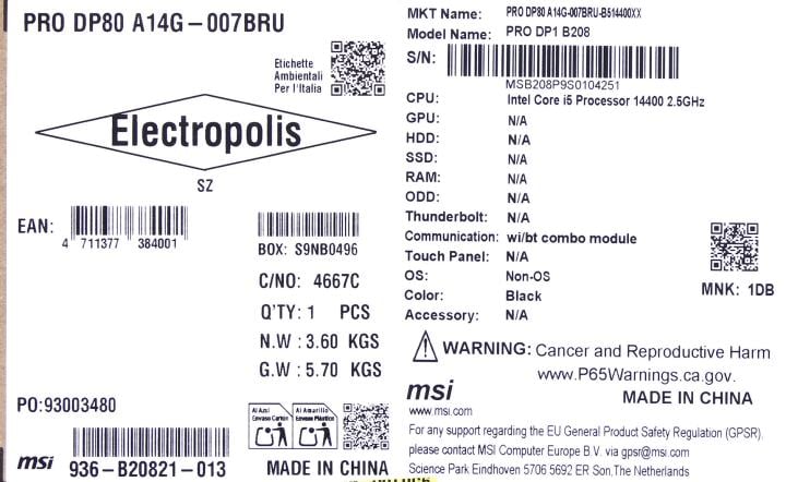 MSI Pro DP80 A14G-007BRU  <936-B20821-013> i5 14400/WiFi/BT/noOS
