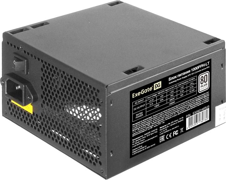 Exegate EX292146RUS-S Блок питания 1000W ExeGate 80 PLUS® 1000PPH-LT (ATX, APFC, SC, КПД 82% (80 PLUS), 12cm fan, 24pin, 2x(4+4)pin, 6xPCIe, 8xSATA, 4xIDE, кабель 220V с защитой от выдергивания, black