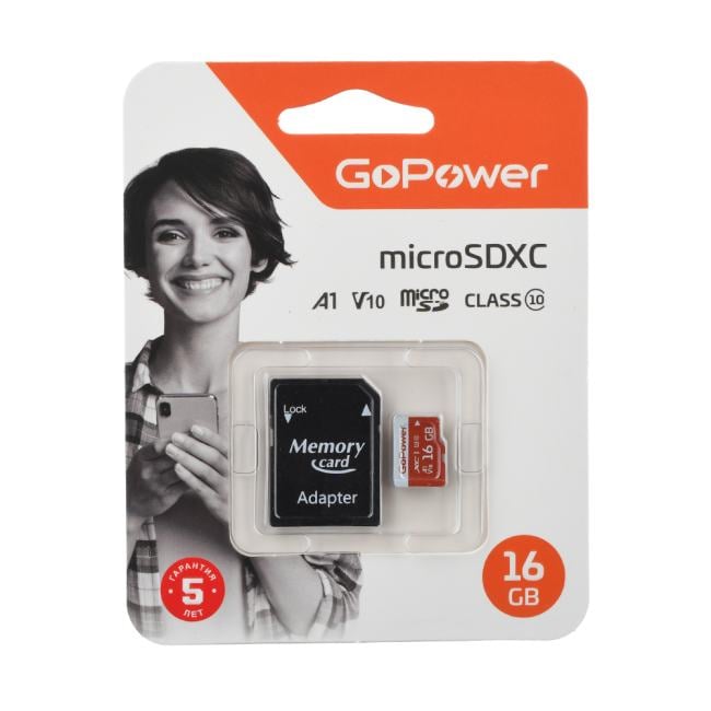 Карта памяти Micro SD 16GB GoPower Class10 UHS-I U3 80 МБ/сек V10 с адаптером 00-00025678