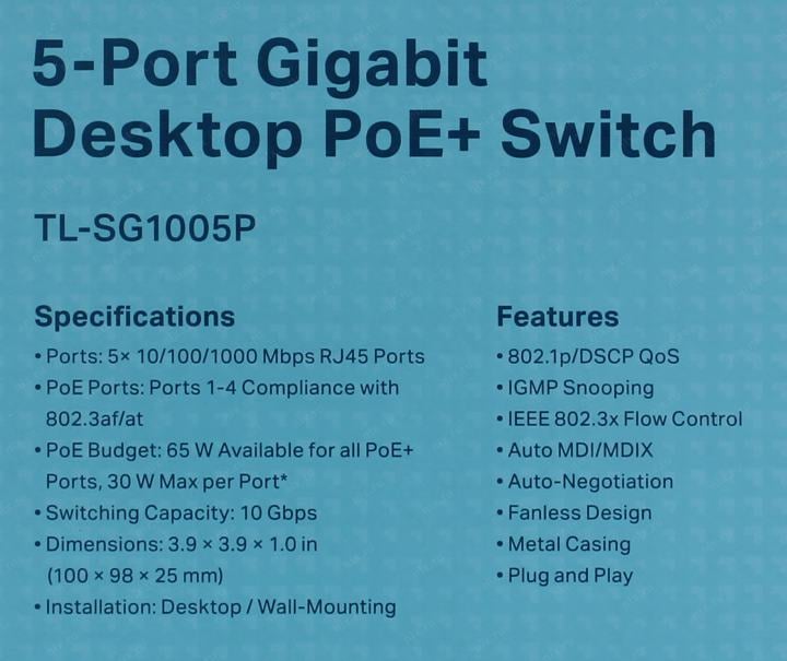 TP-LINK <TL-SG1005P> 5-Port Gigabit Desktop Switch (1UTP 1000Mbps+  4UTP 1000Mbps PoE)