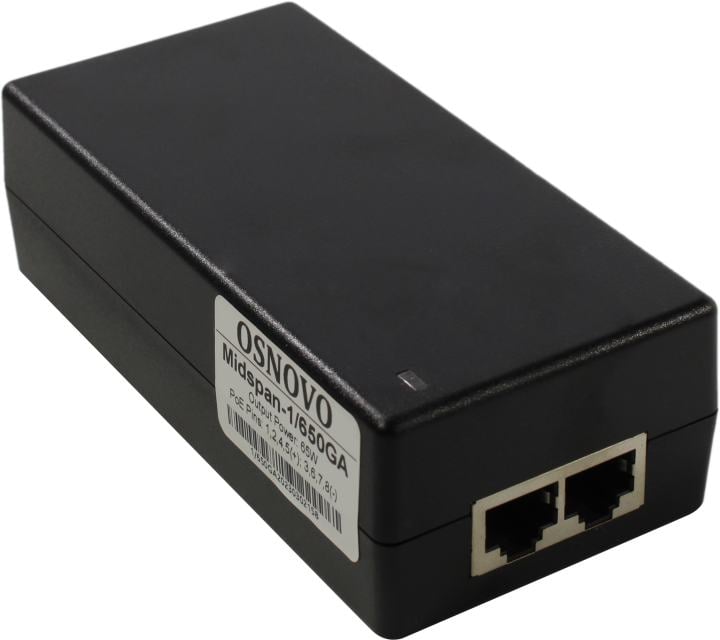 Osnovo Midspan-1/650GA - PoE-инжектор Gigabit Ethernet на 1 порт, мощностью до 65W. Совместим с оборудованием PoE IEEE 802.3af/at/bt. Мощность PoE на порт - до 65W. Напряжение PoE - 52V(конт. 1,2,4,5(+), 3,6,7,8(-)). Порты: вх. - 1 x RJ45(10/100/1000 Base-T), вых. 1 x RJ45(10/100/1000 Base-T, PoE 52V). Встроенная грозозащита 3kV. Питание: AC100-240V. Размеры (ШхВхГ): 60x40x120мм. Вес: 0,3кг. Рабочая температура -10...+65 гр.С