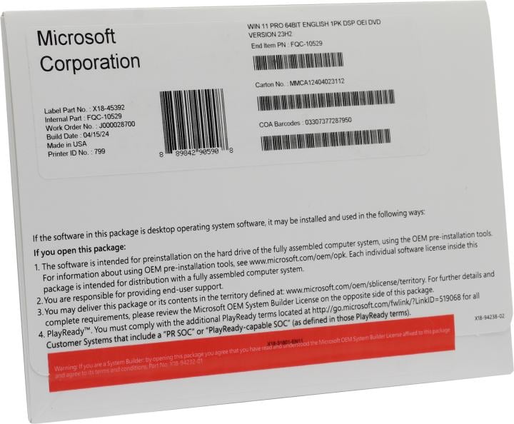ОС Microsoft FQC-10529, Windows 11 Pro, англ., OEM