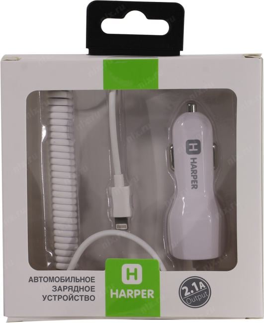 HARPER <CCH-3115 White> Автомобильное зарядное уст-во USB (Вх.12-24V, Вых.5V, 10.5W,  USB, кабель Lightning)