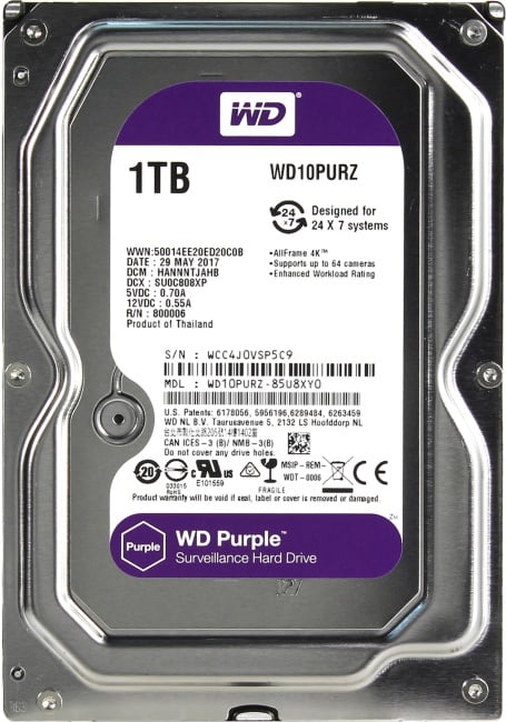 HDD 1 Tb SATA 6Gb/s Western Digital Purple <WD10PURZ> 3.5"  5400rpm  64Mb