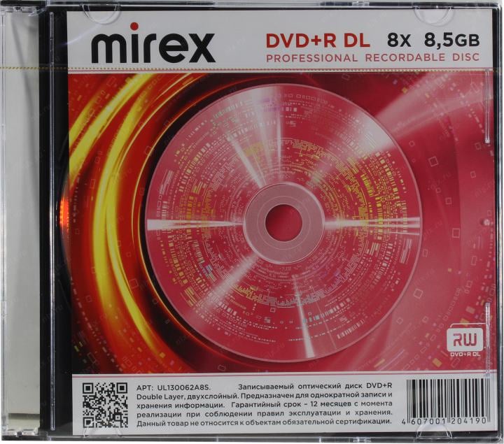 Диск DVD+R Mirex 204190, 8.5ГБ, 8x, Dual Layer, Slim Case
