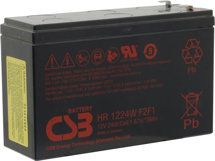 Батарея CSB серия HR, HR1224W F2 F1, напряжение 12В, емкость 6Ач (разряд 20 часов), 24 Вт/Эл при 15-мин. разряде до U кон. - 1.67 В/Эл при 25 °С, макс. ток разряда (5 сек.) 130А, ток короткого замыкания 260А, макс. ток заряда 2.4A, свинцово-кислотная типа/ Battery CSB series HR, HR1224W F2 F1, voltage 12V, capacity 24 W/C at 15 min. discharge to U fin. - 1.67 V/Cel at 25°C, (discharge 20 hours), max. discharge current (5 sec.) 130A, short circuit current 260A, max. charge current 2.4A, lead-acid