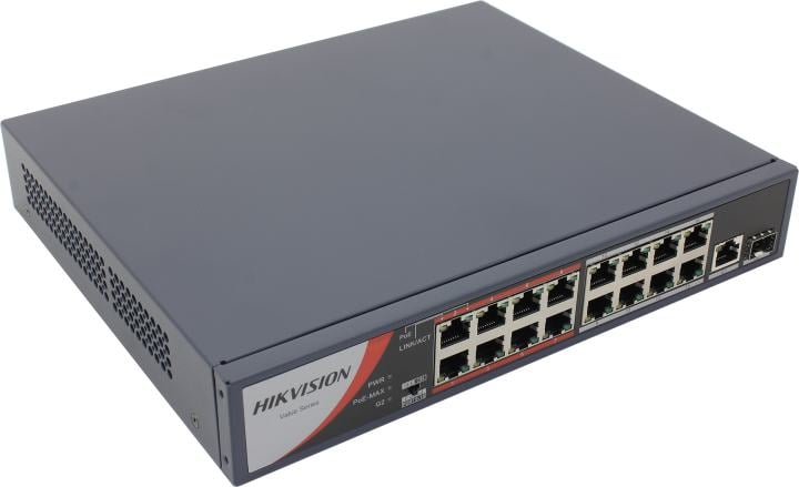 DS-3E0318P-E/M(B) - Коммутатор, Hikvision, DS-3E0318P-E/M(B), Неуправляемый, 16 x 10/100 Mbps, РоЕ 802.3af/at 130W, 1 x Gigabit RJ45, 1 x SFP combo, Настольный, Long Range Ports 9 to 16: up to 300 m.