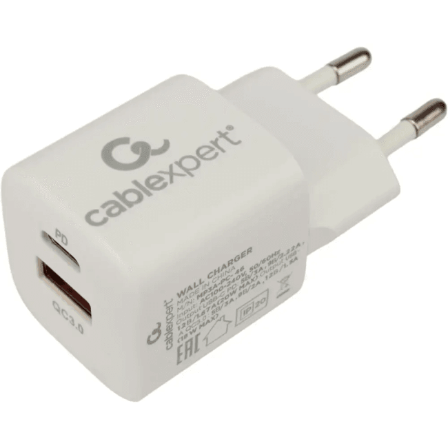 Зарядное устройство Cablexpert MP3A-PC-46, 20W, QC3.0/PD, USB Type-C, белый