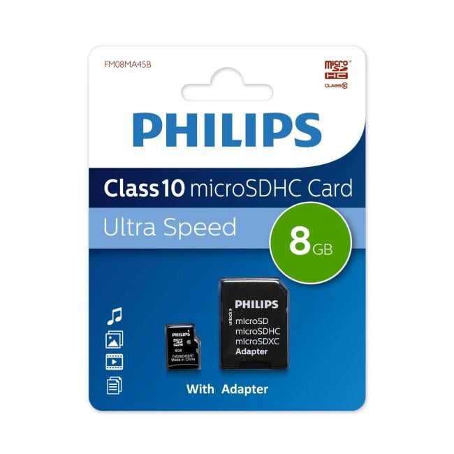 PHILIPS <FM08MA45B/97> microSDHC Memory Card 8Gb Class10  + microSD-->SD Adapter