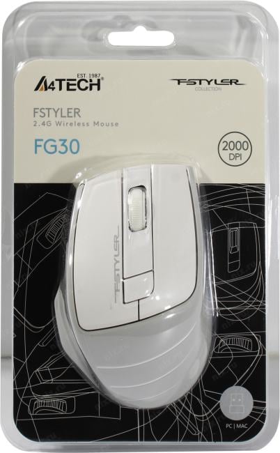 A4Tech FSTYLER Wireless Optical Mouse <FG30 White>  (RTL) USB 6btn+Roll