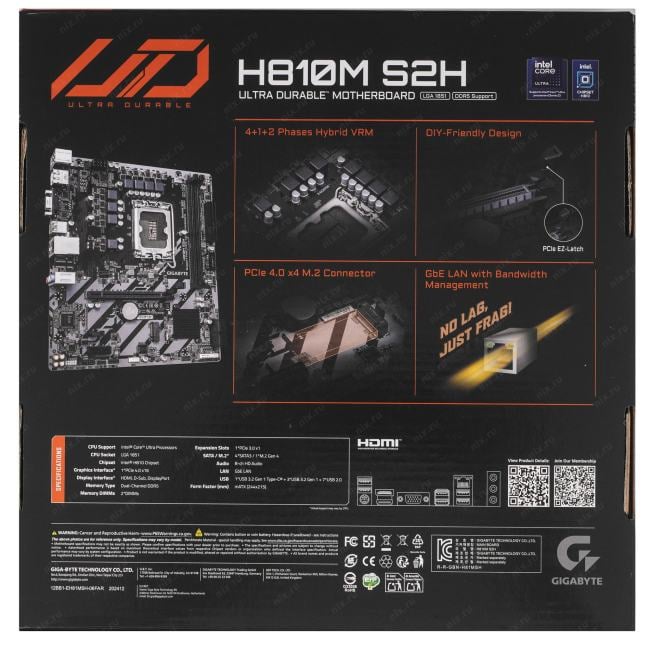 GIGABYTE H810M S2H (RTL) LGA1851 <H810> PCI-E Dsub+HDMI+DP GbLAN  SATA MicroATX 2DDR5