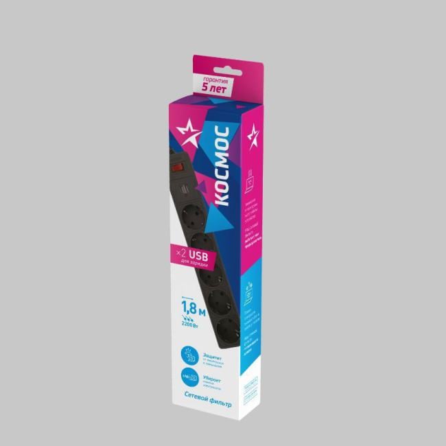 Удлинитель КОСМОС FKsm1.8m-5g(B)USB, 5×1.8м, с заземлением, 2×USB