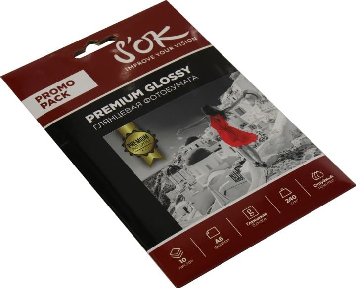 Фотобумага S'OK SA6240010GP, RC Glossy Premium, 240 г/м², A6, 10 листов
