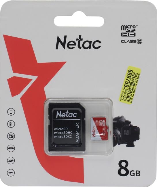 Netac <NT02P500ECO-008G-R> microSDHC Memory Card 8Gb UHS-I U1 Class10  + microSD-->SD Adapter