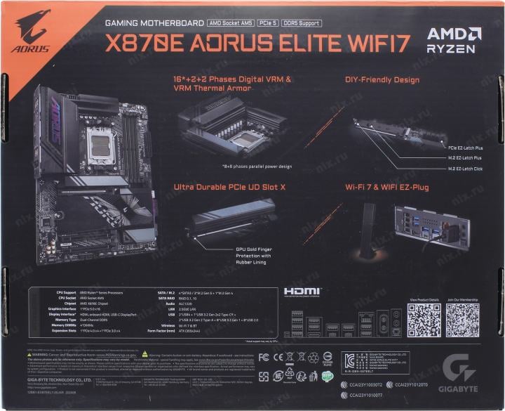 GIGABYTE X870E A ELITE WIFI7 (RTL) AM5 <X870E> 3xPCI-E HDMI 2.5GbLAN+WiFi+BT SATA  ATX  4DDR5