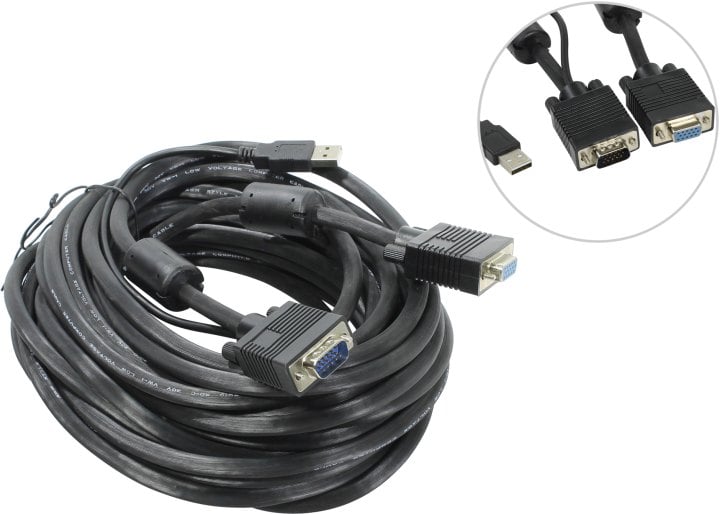 Procase <CE-1000> Кабель для консолей  E1916/E1908/E1901/E1716/E1708/E1701 (USB+VGA15M, 10м)
