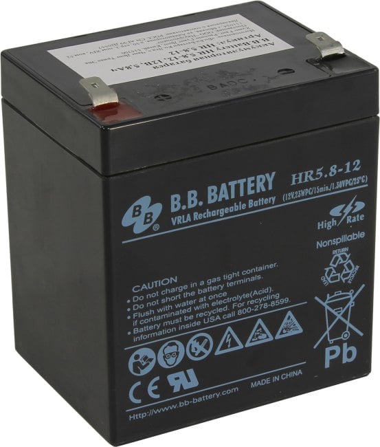 АКБ B.B. Battery HR 5.8-12 (12В 5.8Ач) 139Вт/блок, ДхШхВ 90х70х102 мм, масса 1.88 кг, клеммы F2