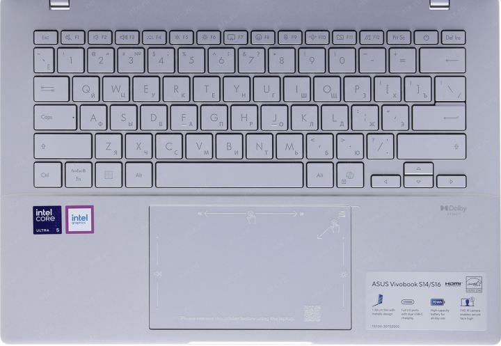 Ноутбук Asus VivoBook S14 S3407CA-LY098 - 14", 1920x1200 (WUXGA), Intel Core Ultra 5 225H, DDR5 16 ГБ, SSD 512 ГБ, Intel Graphics, Bluetooth, Wi-Fi, серебристый, ОС не установлена, 90NB16J1-M00770