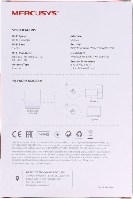 Mercusys <MW150US> N150 Wireless Nano USB Adapter  (802.11b/g/n,  150Mbps)