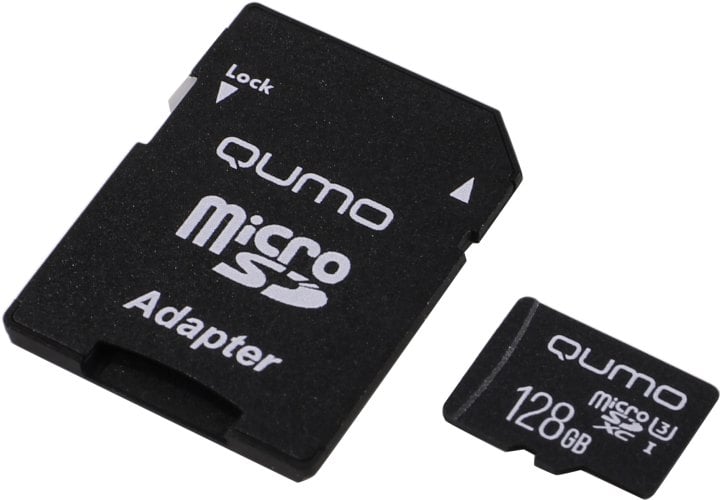 Флеш карта QUMO MicroSDXC 128 Gb 90/70 МБ/с UHS-I U3, Pro seria 3.0 , адаптер в комплекте SD, красная картонная упаковка
