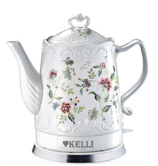 Чайник KELLI KL-1401 белый с цветами 2400вт, 1,7л, керамический