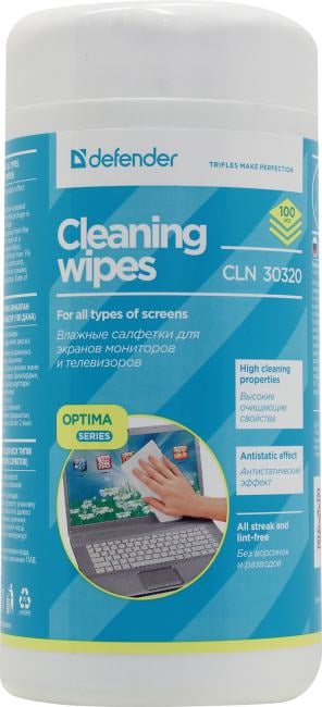 Defender <CLN30320>  Влажные чистящие салфетки в пластиковой тубе для экранов  всех типов (100шт)