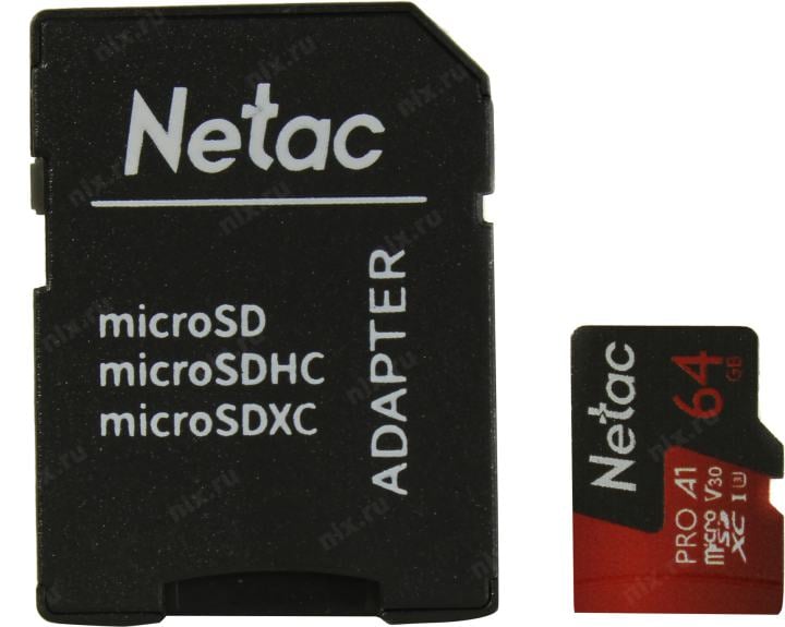 Netac <NT02P500PRO-064G-R> microSDXC Memory Card 64Gb A1 V30 UHS-I U3 +  microSD-->SD  Adapter