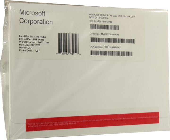 Операционная система Microsoft Windows Server CAL 2022 English 1pk DSP OEI 5 Clt User CAL (R18-06466)