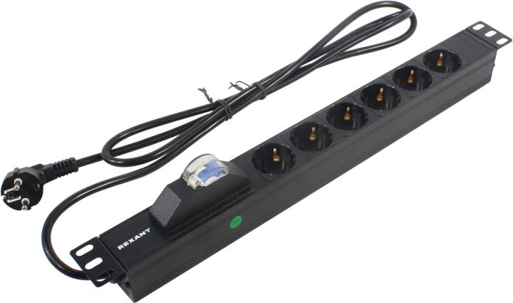 Блок распределения питания REXANT 04-0103-1, 19", 6×CEE 7/4, 16A, автомат, 2 м