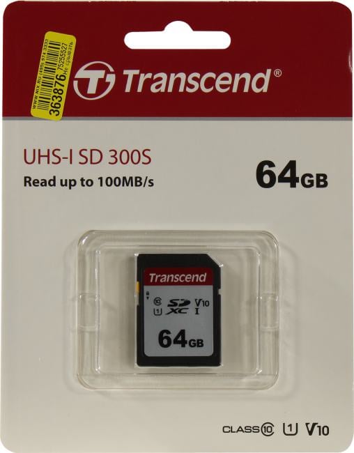 Карта памяти Transcend - 300S, SDXC, write speed 40Mb/s, read speed 95Mb/s, UHS-I Class 1, V30, Class 10, 64GB, TS64GSDC300S