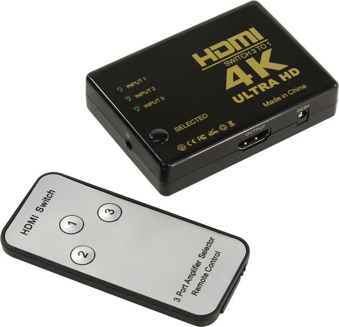 ORIENT HDMI 4K Switch HS0301H-IR 3->1, HDMI 1.4/3D, UHDTV 4K(3840x2160)/HDTV1080p/1080i/720p, HDCP1.2, внешний ИК приемник, пульт ДУ, питание от HDMI, пл.корпус (30675)