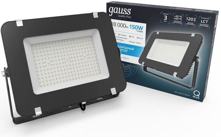 GAUSS 613100150 Прожектор светодиодный ДО-150 Вт 18000 Лм 6500К 175-265 В IP65 черный LED  Qplus Gauss (613100150)