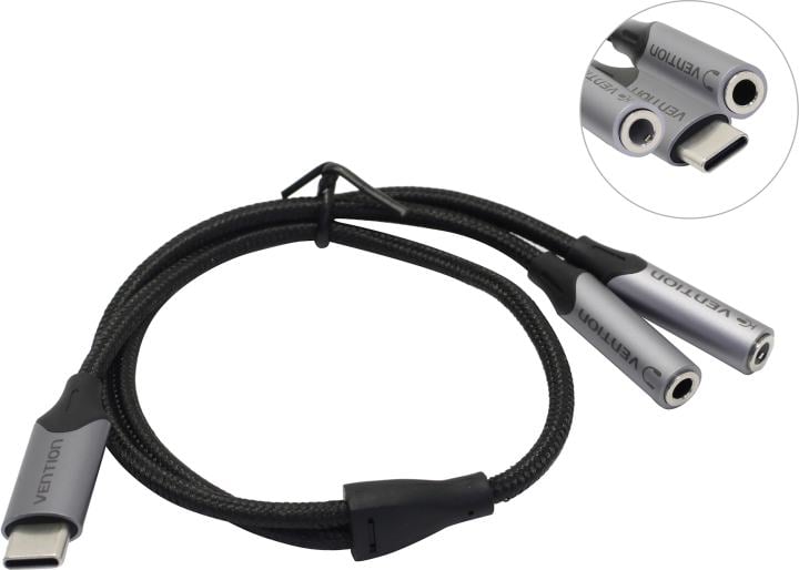 Кабель-разветвитель USB Type-C(M)-2xJack 3.5mm(F), 30см, черный/серебристый Vention (BGPHY)