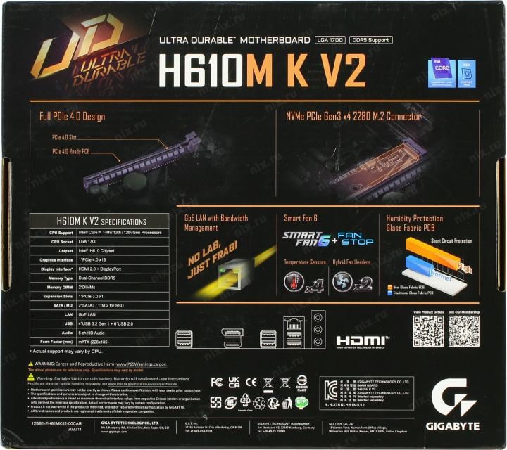 GIGABYTE H610M K V2 (RTL) LGA1700 <H610> PCI-E HDMI+DP GbLAN SATA  MicroATX  2DDR5