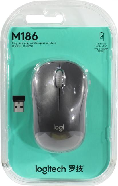 Logitech M186 Wireless Mouse <910-004131> (RTL)  USB 3btn+Roll уменьшенная
