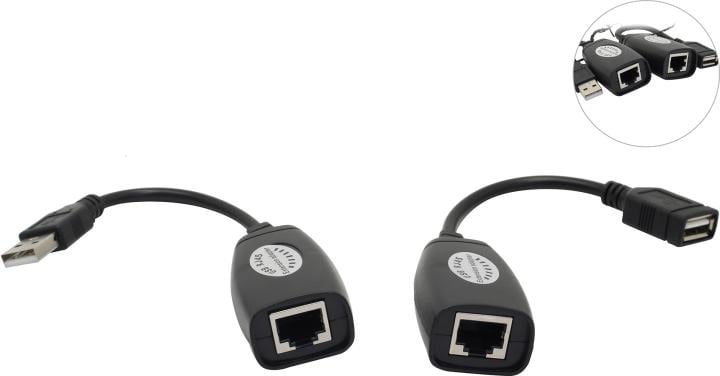 <069921> Кабель-переходник USB-A (m) + USB-A (f) < - > RJ45, Vcom CU824 (удлинитель USB по витой паре до 45м) [CU824]