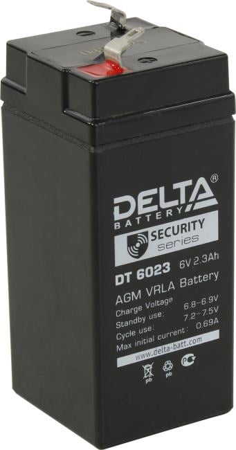 Батарея DELTA серия DT, DT 6023, напряжение 6В, емкость 2.3Ач (разряд 20 часов),  макс. ток разряда (5 сек.) 30А, макс. ток заряда 0.69А, свинцово-кислотная типа AGM, клеммы F1, ДxШxВ 44х47х101мм., вес 0.45кг., срок службы 5 лет./ Battery DELTA series DT, DT 6023, voltage 6V, capacity 2.3Ah (discharge 20 hours), max. discharge current (5 sec.) 30A, max. charge current 0.69A, lead-acid type AGM, terminals F1, LxWxH 44x47x101mm., weight 0.45kg., service life 5 years.