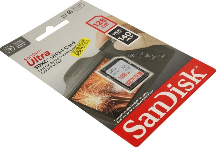 Карта памяти SanDisk - Ultra, SDXC, read speed 140Mb/s, UHS-I Class 1, Class 10, 128GB, SDSDUNB-128G-GN6IN