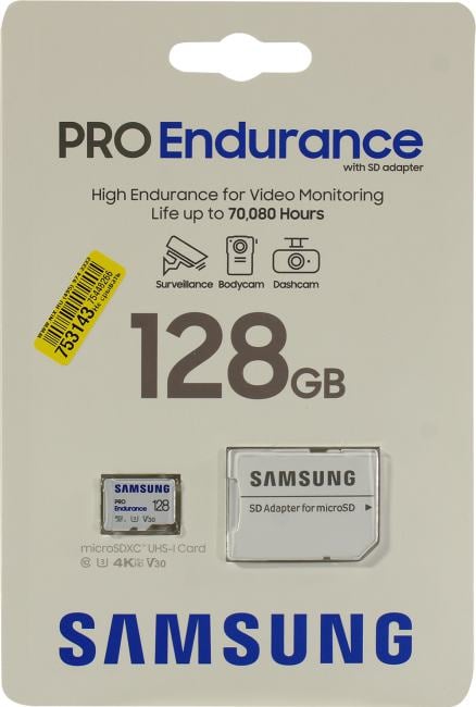 Samsung PRO Endurance <MB-MJ128KA> microSDXC Memory Card 128Gb Class10 UHS-I U3 V30+  microSD--> SD Adapter