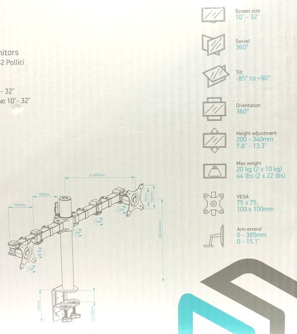ONKRON <D221E> Настольный кронштейн для 2-х мониторов (VESA75/100,  10-32",  2x10кг)