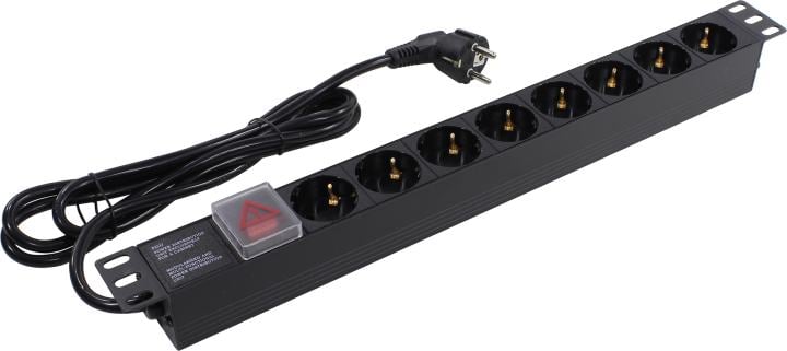 Блок розеток горизонтальный ExeGate ServerPro PDU-19H803 Al-8S-EU2-SW, 19", 1U, Алюминий, 8 Schuko, кабель с евровилкой VDE-250V-16A-3*1.5мм2, 2 метра, выкл. с подсветкой, черный
