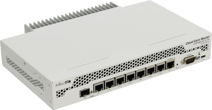 Маршрутизатор Mikrotik CCR1009-7G-1C-PC with Tilera Tile-Gx9 CPU (9-cores, 1Ghz per core), 1Gb RAM, 7xGbit LAN, 1x Combo port (1xGbit LAN or SFP), RouterOS L6, passive cooling desktop enclosure, rackmount ears, PSU