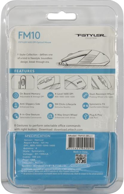 A4Tech FSTYLER Optical Mouse <FM10  Blue>  (RTL)  USB 4btn+Roll