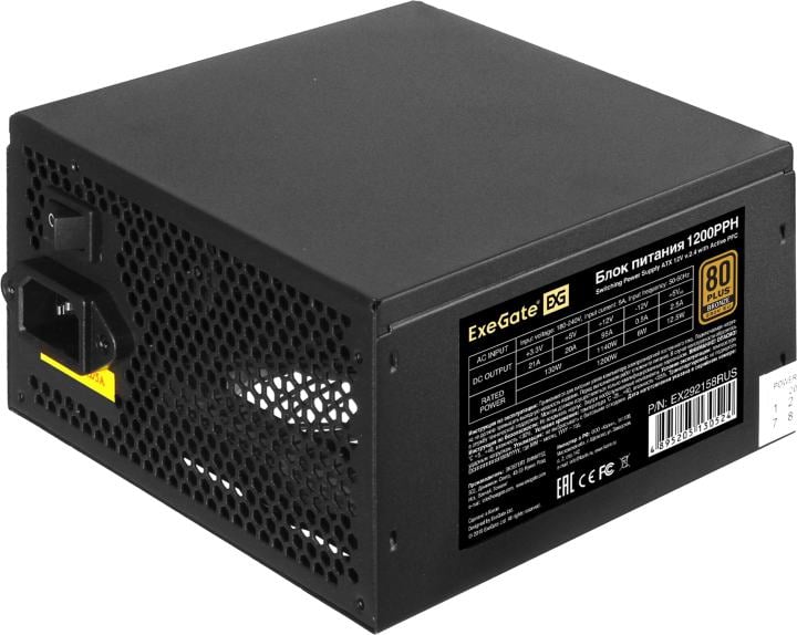 Блок питания 1200W ExeGate 80 PLUS® Bronze EX292158RUS-OEM-S 1200PPH-OEM (ATX, APFC, SC, КПД 89% (80  PLUS  Bronze)
