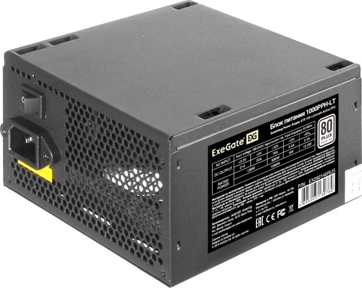 Exegate EX292146RUS-OEM-S Блок питания 1000W ExeGate 80 PLUS® 1000PPH-LT-OEM (ATX, APFC, SC, КПД 82% (80 PLUS), 12cm fan, 24pin, 2x(4+4)pin, 6xPCIe, 8xSATA, 4xIDE, кабель 220V с защитой от выдергивани